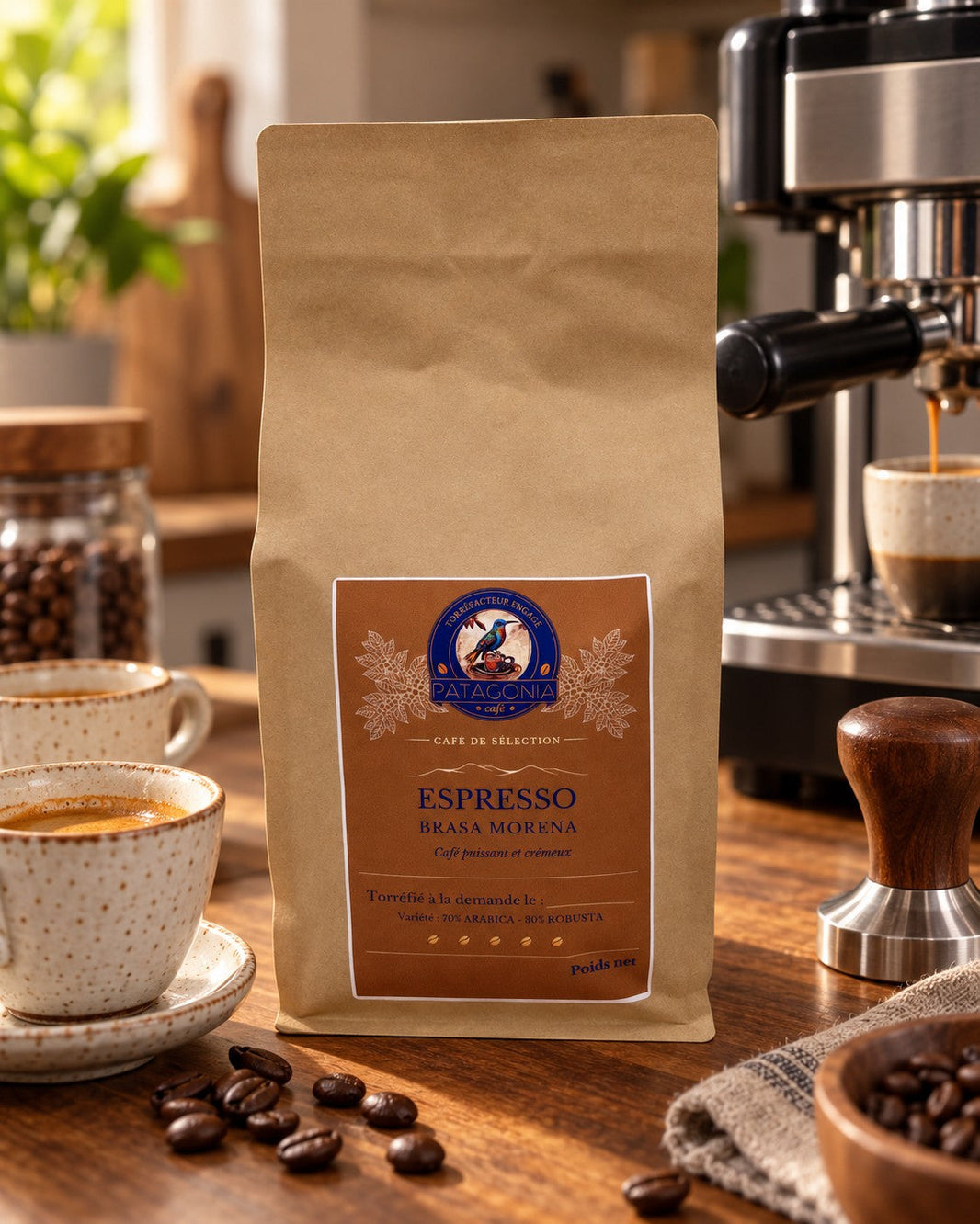 Espresso Patagonia Café en tasse, accompagné du sachet Espresso Brasa Morena