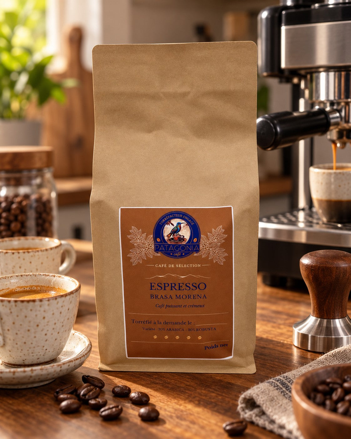 Espresso Patagonia Café en tasse, accompagné du sachet Espresso Brasa Morena