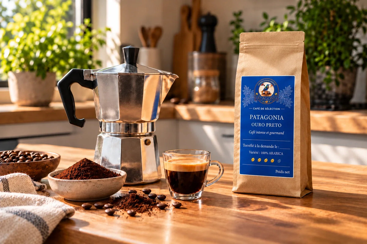Cafetière italienne moka et sachet bleu Patagonia Ouro Preto sur un plan de cuisine – photomontage
