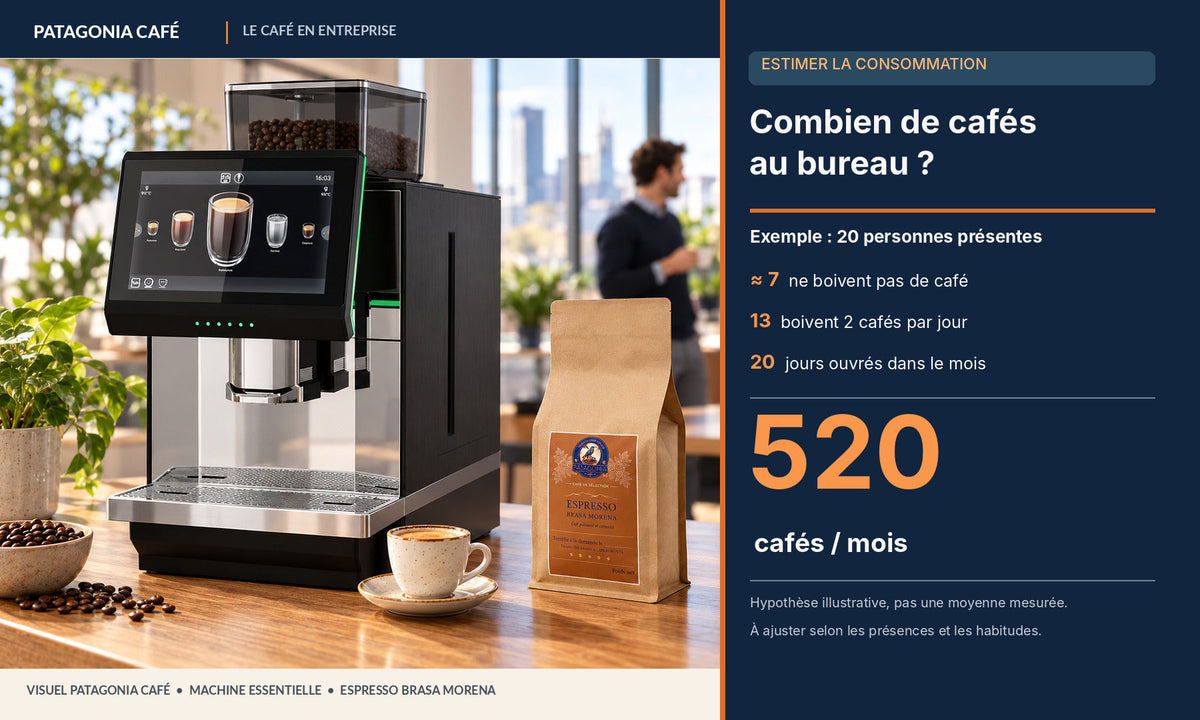 Scénario de consommation en entreprise : 20 personnes présentes, 7 non-buveurs, 13 consommateurs à 2 cafés par jour sur 20 jours, soit 520 cafés mensuels avec machine Essentielle et Espresso Brasa Morena Patagonia Café