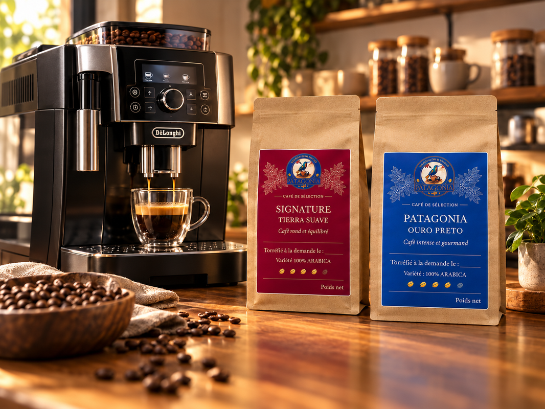 Machine à café De’Longhi avec les sachets Patagonia Café Signature Tierra Suave et Patagonia Ouro Preto – photomontage d’illustration