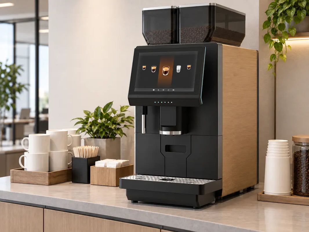 Machine professionnelle à café à grains installée dans un espace de bureau