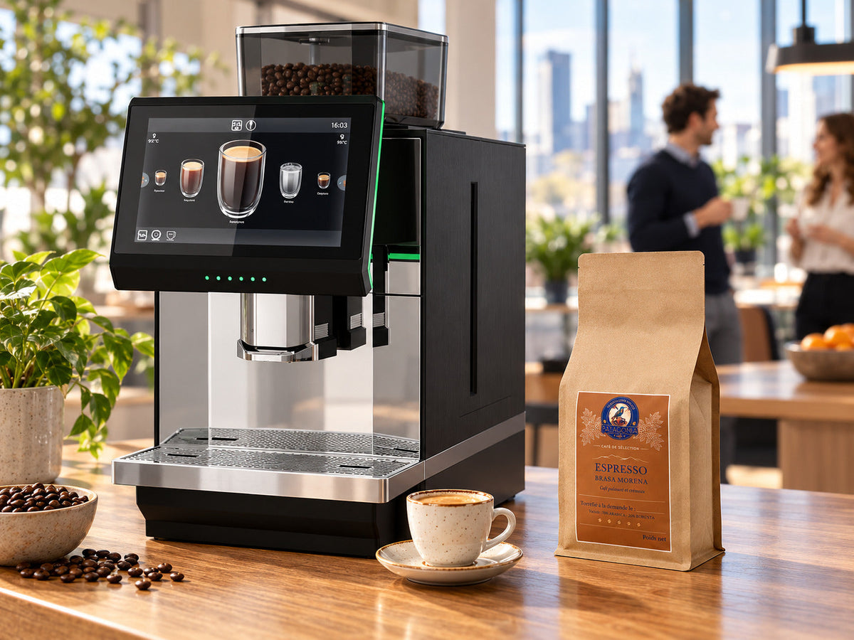 Machine Essentielle Patagonia Café avec sachet Espresso Brasa Morena en espace de bureau, image fournie par Patagonia