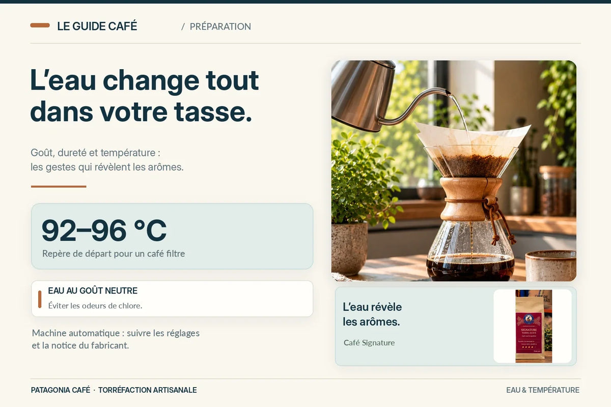 Eau et café : préparation filtre à 92–96 °C comme point de départ, avec café Signature Patagonia