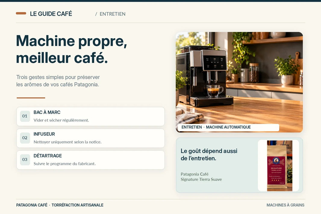 Guide Patagonia : entretien d'une machine à grains, bac à marc, infuseur et détartrage, avec le café Signature
