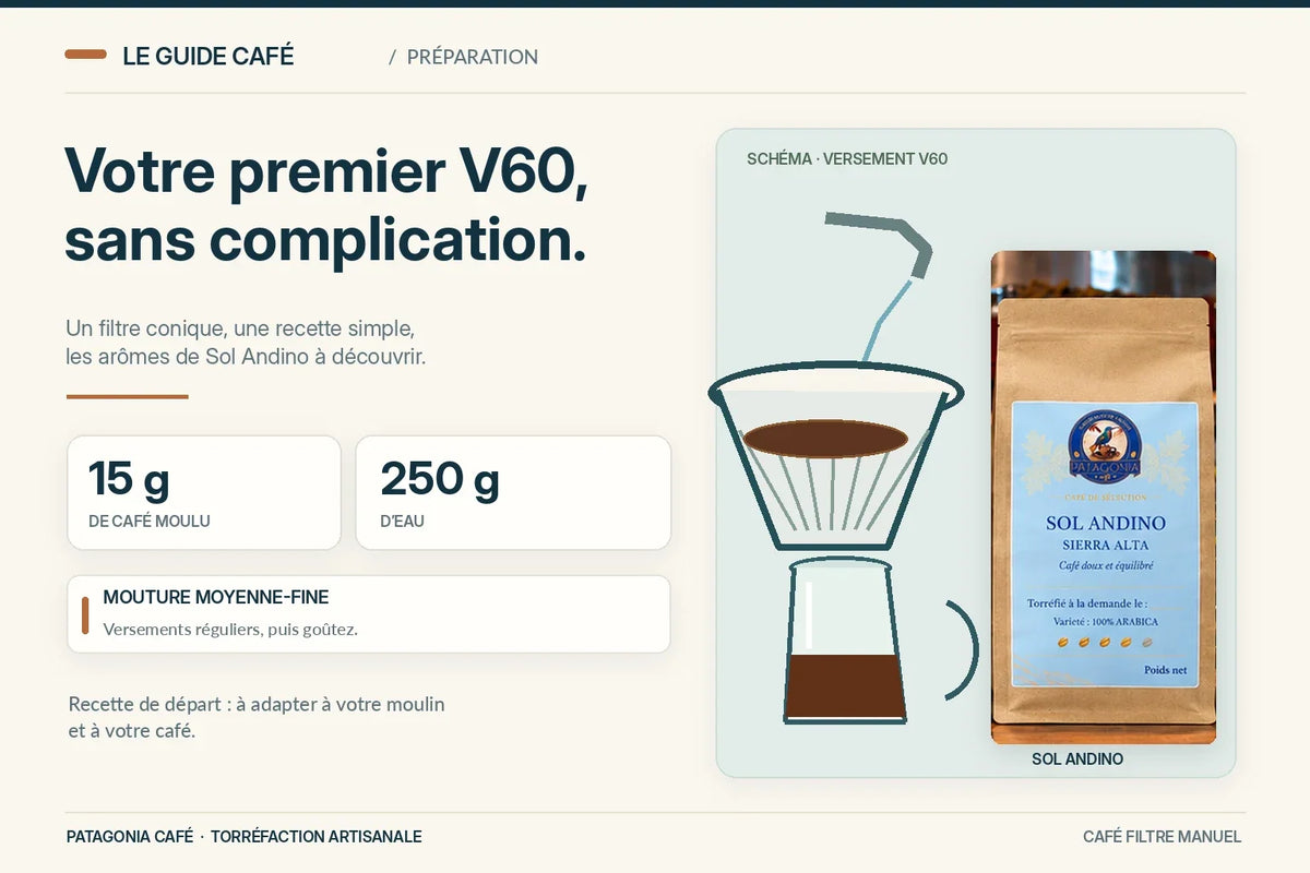 V60 : schéma de la préparation avec 15 g de café et 250 g d'eau, et véritable sachet Sol Andino Patagonia Café