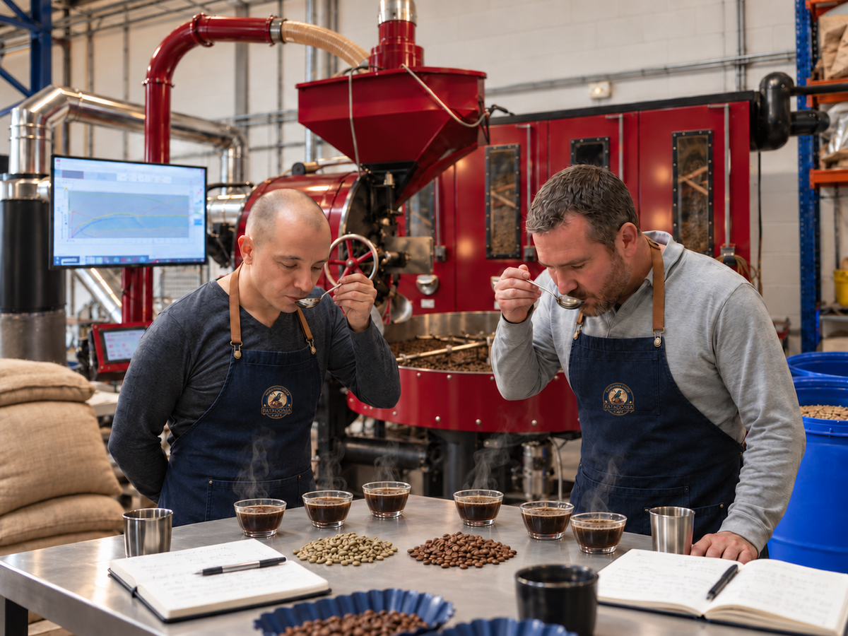 Nicolas et Jérémy lors d'une dégustation de café dans l'atelier de torréfaction