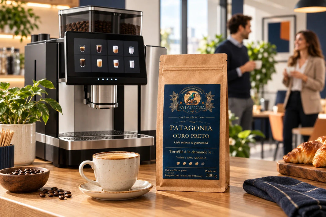 Une machine à grains Patagonia Café intégrée à un espace de travail