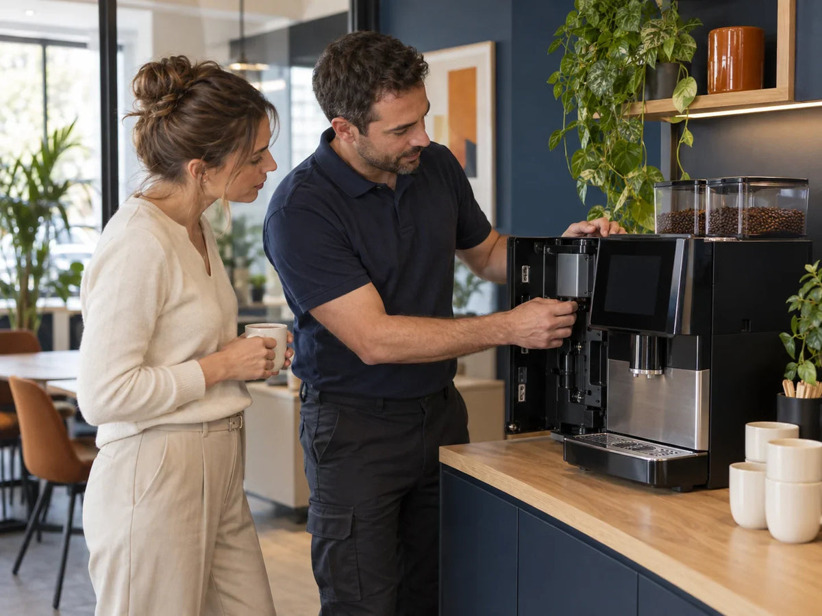Illustration de l'accompagnement technique auprès d'une machine à café professionnelle