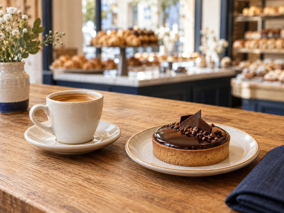 Espresso en tasse accompagné d'une part de tarte au chocolat