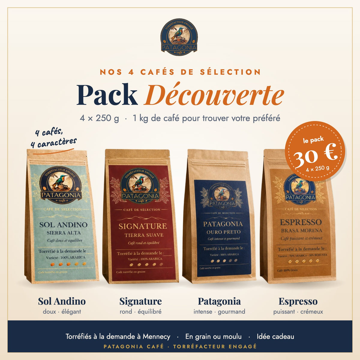 Pack Découverte Patagonia Café : 4 cafés de sélection 250 g – Sol Andino, Signature, Patagonia, Espresso – 30 €