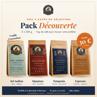 Pack Découverte Patagonia Café : 4 cafés de sélection 250 g – Sol Andino, Signature, Patagonia, Espresso – 30 €