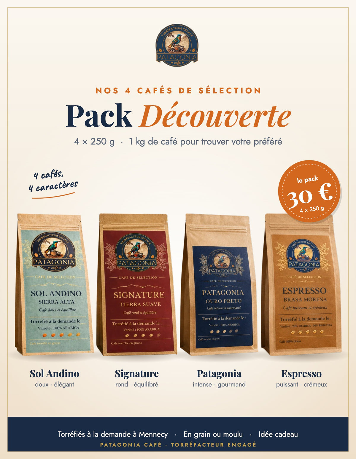 Pack Découverte Patagonia Café : 4 cafés de sélection 250 g – Sol Andino, Signature, Patagonia, Espresso – 30 €