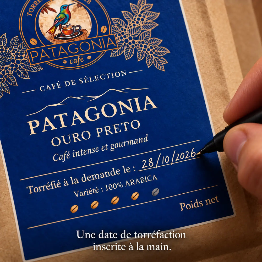 La date de torréfaction manuscrite sur le véritable sachet Patagonia Café