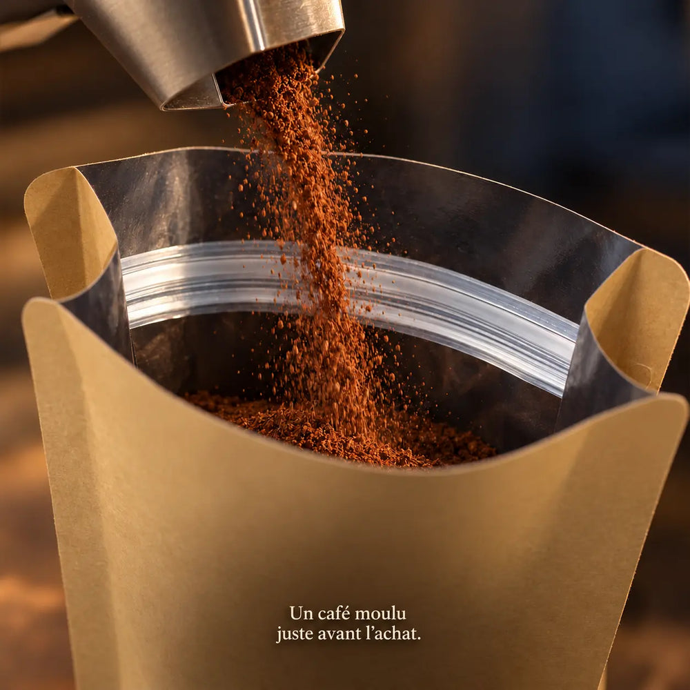 Café moulu après la commande versé dans un sachet Patagonia Café