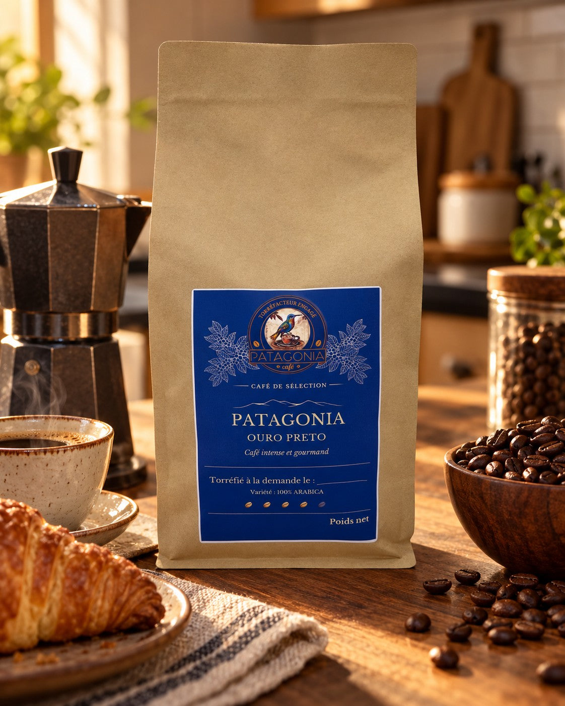 Sachet de café en grains Patagonia Ouro Preto, cafetière italienne, tasse de café et croissant – Patagonia Café
