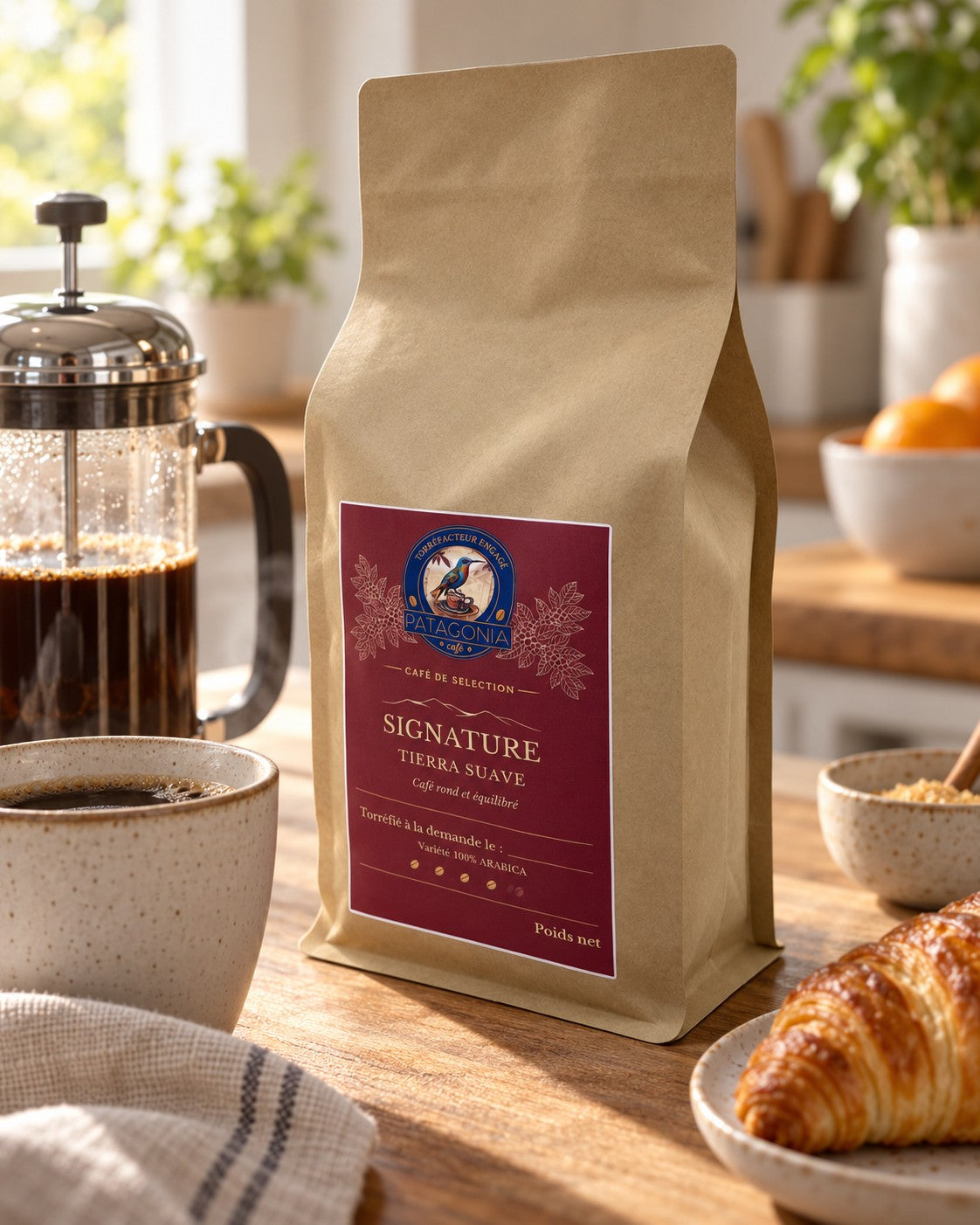Sachet de café en grains Signature Tierra Suave, cafetière à piston, tasse de café et croissant – Patagonia Café