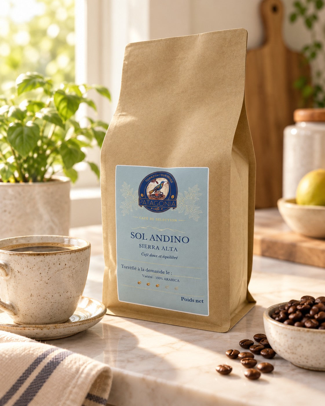 Sachet de café en grains Sol Andino Sierra Alta et tasse de café – Patagonia Café